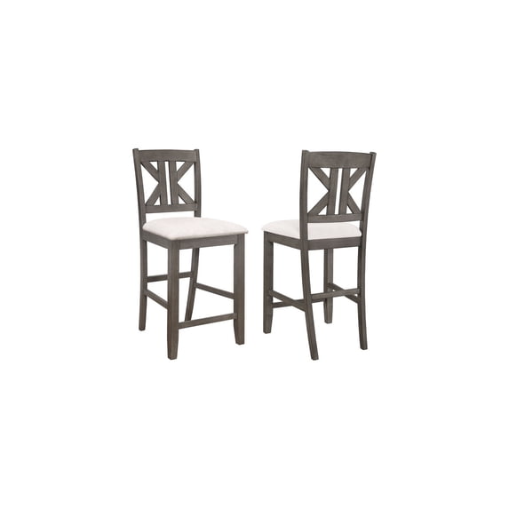 Asian Allure Upholstered Seat Counter Height Stools Set of 2, Light Tan Fabric, Barn Grey Finish, Geometric Cutout Back, Rustic Hardwood Frame, Farmhouse Style