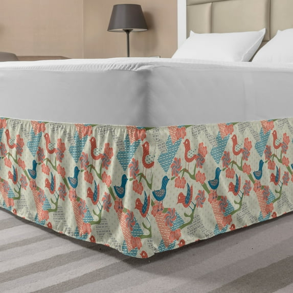 Asian Bed Skirt, Japanese Nature Traditional Kimono Pattern Birds on Branches, Elastic Bedskirt Dust Ruffle Wrap Around for Bedding Decor, 4 Sizes, Salmon Pale Green Blue, by Ambesonne