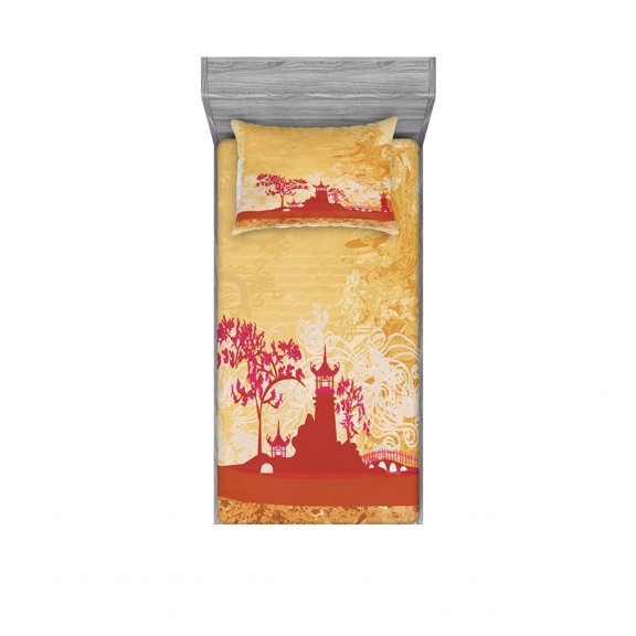 Asian Bedding Set with Sheet & Covers, Building in Floral Environment with Other Elements, Printed Bedroom Decor 2 Shams, 4 Sizes, Persian Orange and Pink, by Ambesonne