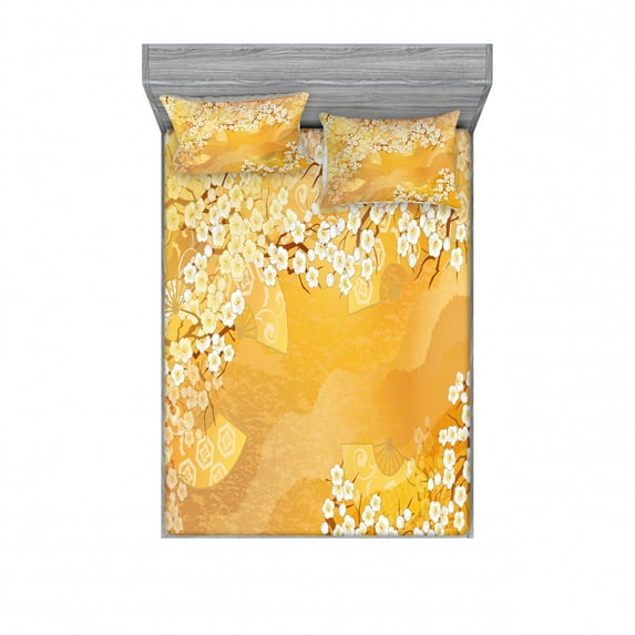 Asian Bedding Set with Sheet & Covers, Japanese Cherry Blossom Sakura Tree Branches Blooms Artwork, Printed Bedroom Decor 2 Shams, 4 Sizes, Marigold and Cream, by Ambesonne