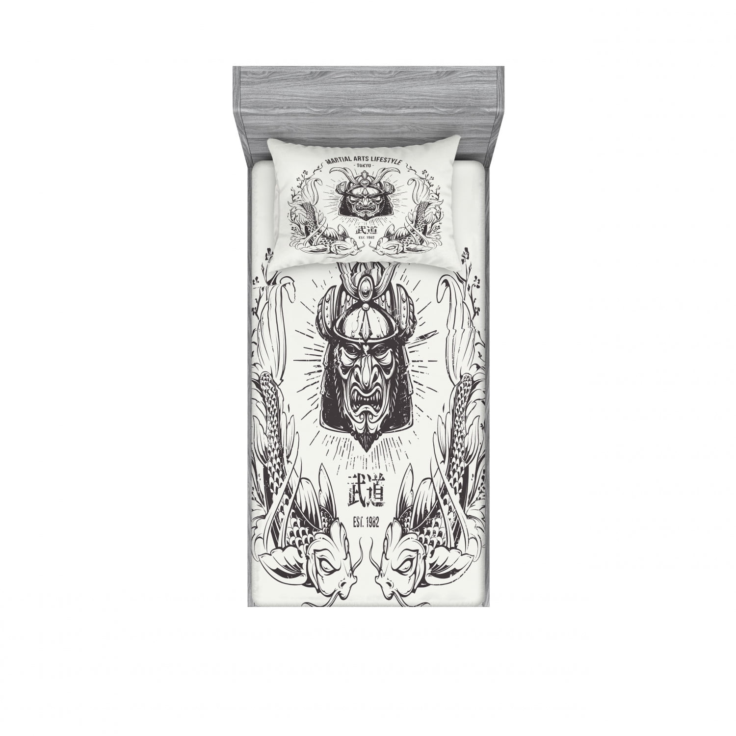 Asian Bedding Set with Sheet & Covers, Traditional Japanese Samurai