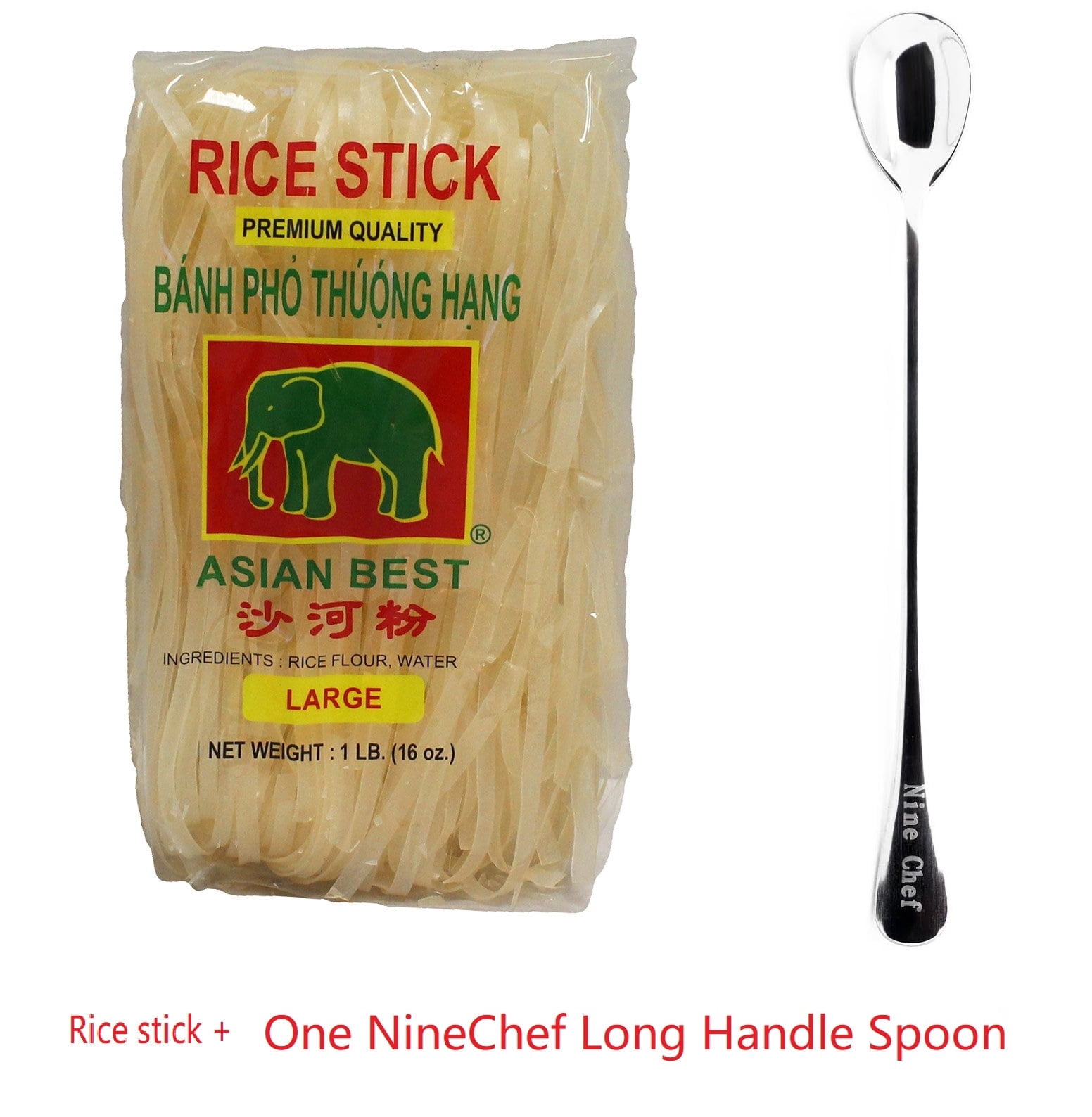 Asian Best Premium Rice Stick Noodle Large 16oz (6 Pack) Plus one NineChef Brand long handle Spoon
