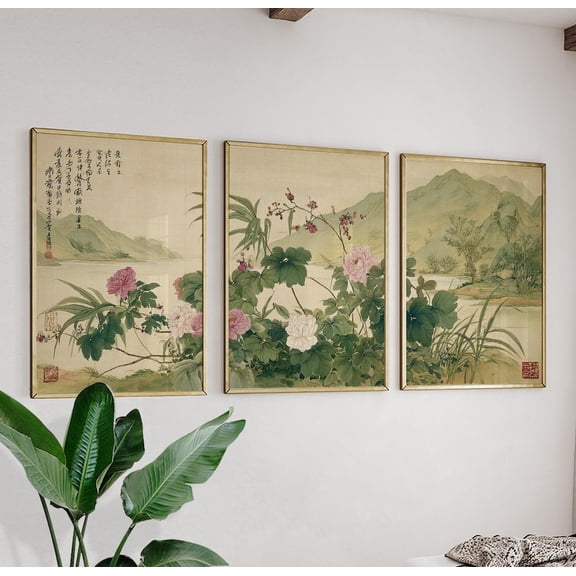 Asian Botanical Landscape Floral Nature Wall Art Triptych Set 3 Unframed Paper Print 8x12