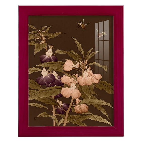 Asian Brocade IV - Framed Print w/glass - Cherry Red