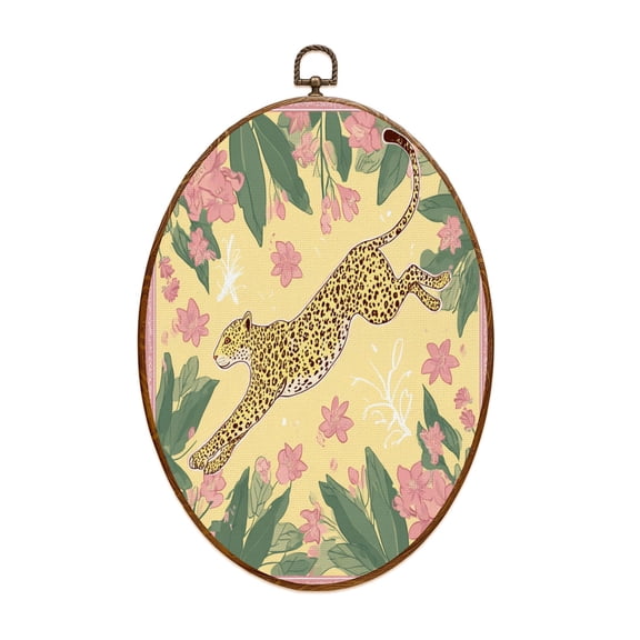 Asian Canvas Wall Art Leopard Motion Pink Floral Botanical Border Oval Framed Canvas Prints Vintage Wall Hanging Decor for Home Office Bathroom Tatto Shop Decorations 8.6"x11.4"