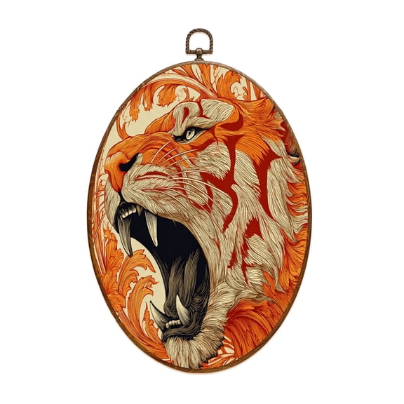 Asian Canvas Wall Art Majestic Tiger Bold Orange White Stripes vintage Oval Framed Canvas Prints Vintage Wall Hanging Decor for Home Office Bathroom Tatto Shop Decorations 8.6"x11.4"
