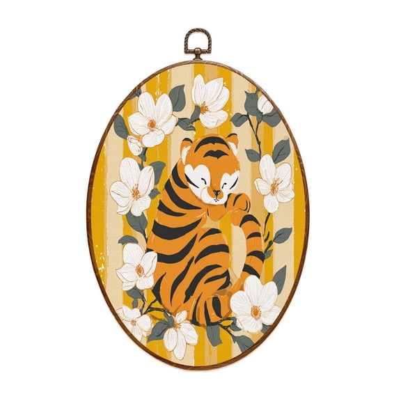 Asian Canvas Wall Art Orange Tiger White Flowers Striped jungle Oval Framed Canvas Prints Vintage Wall Hanging Decor for Home Office Bathroom Tatto Shop Decorations 8.6"x11.4"