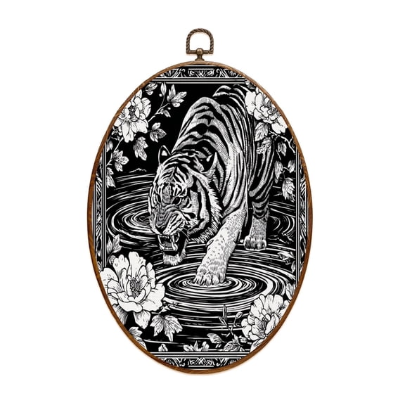 Asian Canvas Wall Art Roaring Tiger Floral Elements Black White Oval Framed Canvas Prints Vintage Wall Hanging Decor for Home Office Bathroom Tatto Shop Decorations 8.6"x11.4"
