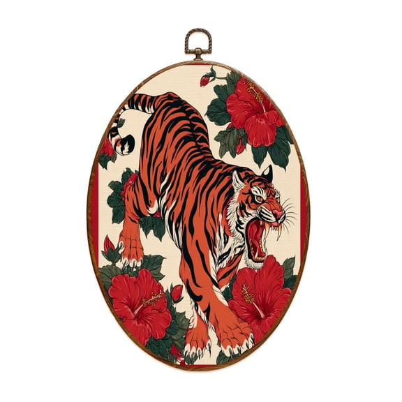 Asian Canvas Wall Art Roaring Tiger Red Hibiscus Bold Traditional Oval Framed Canvas Prints Vintage Wall Hanging Decor for Home Office Bathroom Tatto Shop Decorations 8.6"x11.4"