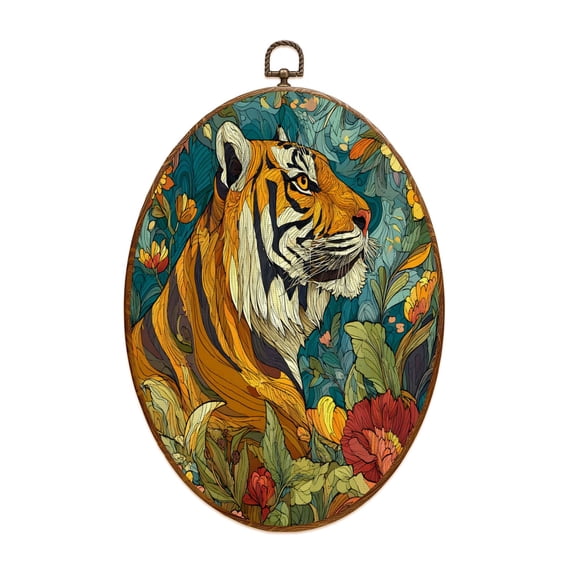 Asian Canvas Wall Art Tiger Floral Jungle Vibrant Botanical vintage Oval Framed Canvas Prints Vintage Wall Hanging Decor for Home Office Bathroom Tatto Shop Decorations 8.6"x11.4"
