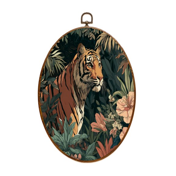 Asian Canvas Wall Art Tiger Jungle Foliage Botanical Floral wildlife Oval Framed Canvas Prints Vintage Wall Hanging Decor for Home Office Bathroom Tatto Shop Decorations 8.6"x11.4"