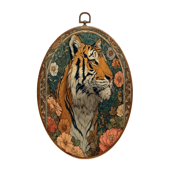 Asian Canvas Wall Art Tiger Portrait Floral Nouveau Botanical Frame Oval Framed Canvas Prints Vintage Wall Hanging Decor for Home Office Bathroom Tatto Shop Decorations 8.6"x11.4"