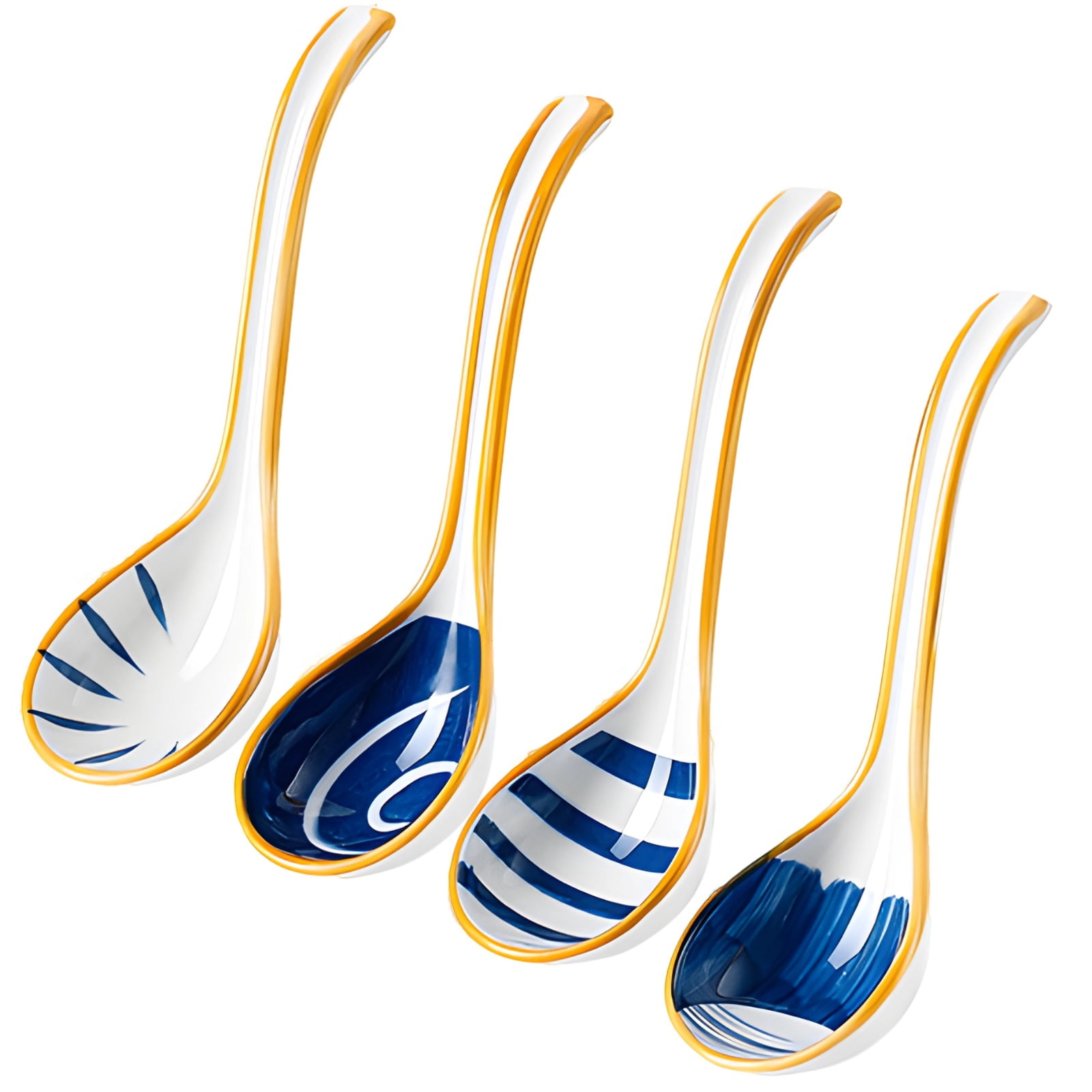 Asian Ceramic Soup Spoons 4 Pack, Blue and White Porcelain Large Serving Spoons, Traditional Oriental Design, Gold Trim Deep Bowl Spoons for Ramen, Pho, Rice Dishes, 6.3 inch Length
