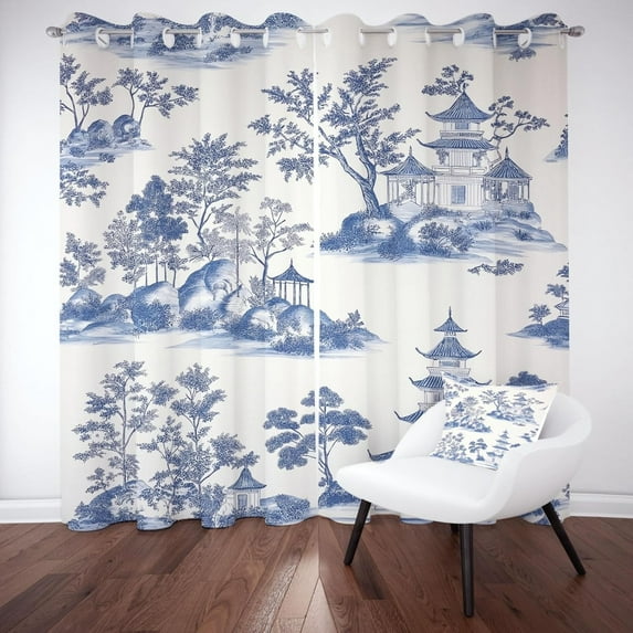 Asian Chinese Style Grommet Curtains, Blue White Landscape Blackout Curtain Thermal Insulated, Vintage Farmhouse Drapes For Living Room Bedroom Office Window Decorative 38"W x 54"L (Pack of 2)