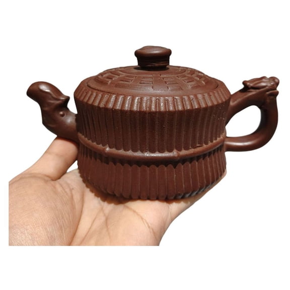 Asian Clay Tea Pot Purple Kitchen Cute Carved Dragon Bagua Taiji Yin Yang Trigrams Bamboo Stalks Ribbed Circular Sculpture