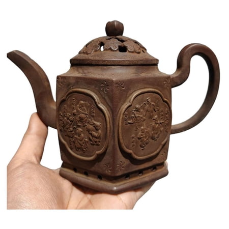 Asian Clay Tea Pot Purple Kitchen Cute Carved Embossed Relief Hexagonal Pierced Circular Geometric Floral Figural Immortal