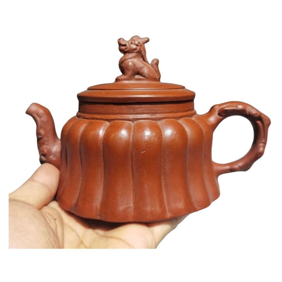 Asian Clay Tea Pot Purple Kitchen Cute Dragon Carved Sculpted Relief Ribbed Fluted Round Branch Beast Art