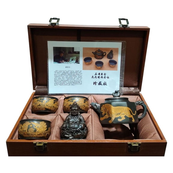 Asian Clay Tea Pot Purple Kitchen Cute Dragon Tiger Gilded Engraved Sculpted Octagonal Eight Sided Shape Form Side Gift