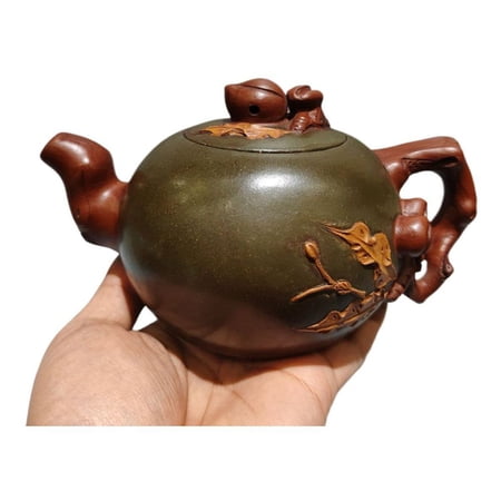 Asian Clay Tea Pot Purple Kitchen Cute Embossed Sculpted Engraved Etched Ornamented Longevity Peach Bionic Two Toned Leaf