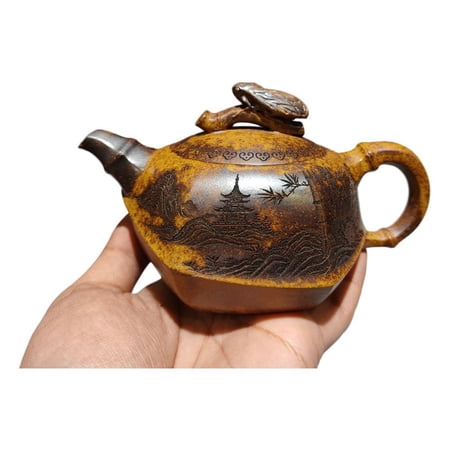 Asian Clay Tea Pot Purple Kitchen Cute Hexagonal Cicada Bamboo Carved Etched Sculpted Inscribed Chiseled Bionic Rare