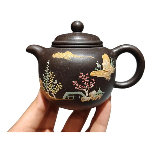 Asian Clay Tea Pot Purple Kitchen Cute Painted Gourd Shaped Calabash Double Round Spherical Landscape Motif Good Fortune
