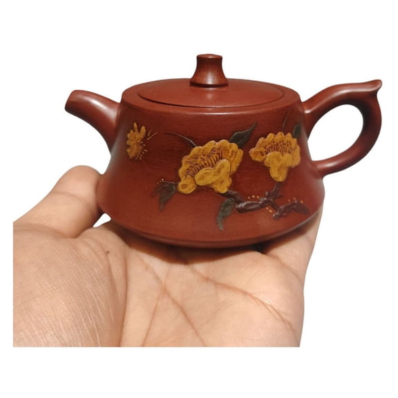 Asian Clay Tea Pot Purple Kitchen Cute Plum Blossom Painted Gilded Bell Shaped Flared Tapered Column Base Calligraphy Floral