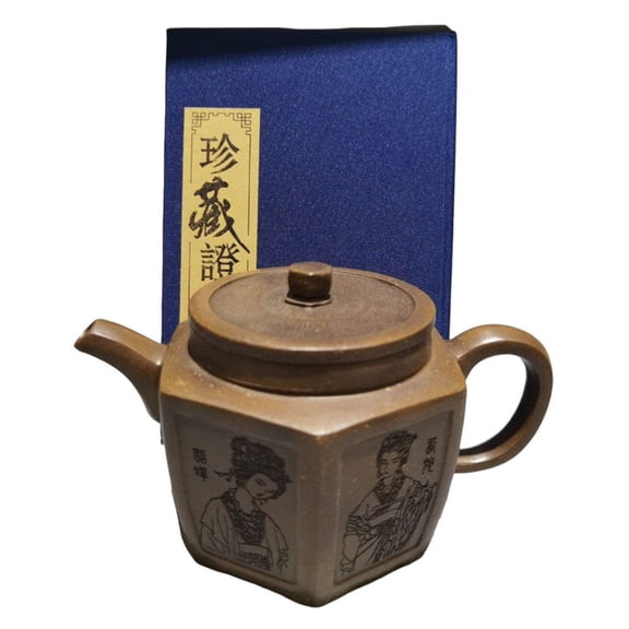 Asian Clay Tea Pot Purple Kitchen Cute Portrait Figure Maiden Lady Beauty Sculpted Carved Engraved Incised Etched Hexagonal Six