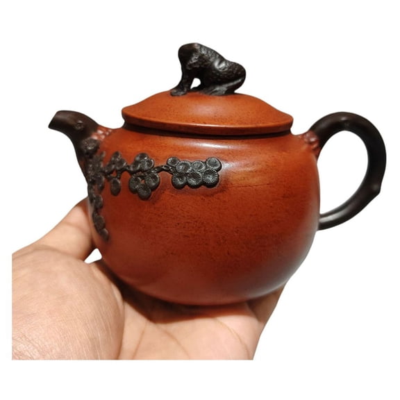 Asian Clay Tea Pot Purple Kitchen Cute Round Spherical Ball Shaped Globular Circular Toad Embossed Sculpted Relief Ornament