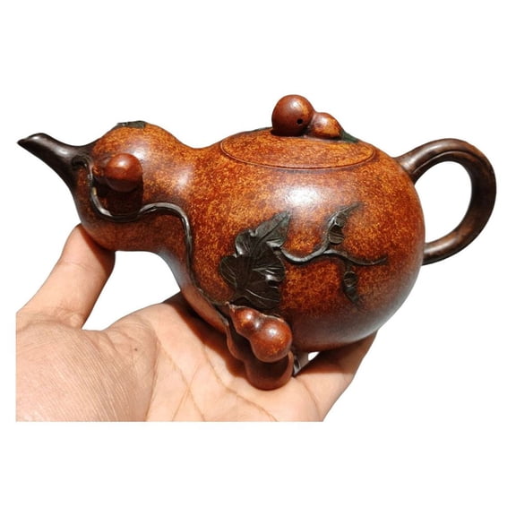 Asian Clay Tea Pot Purple Kitchen Cute Sculpted Gourd Vine Leaf Relief Motif Bionic Organic Prosperity Form Calligraphy
