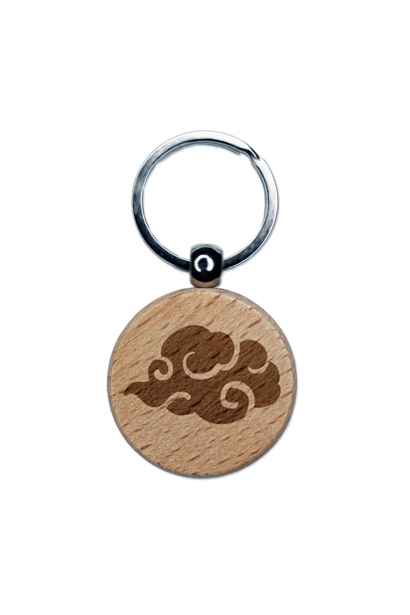 Asian Cloud Swirl Float Weather Sky Engraved Wood Round Keychain Tag Charm