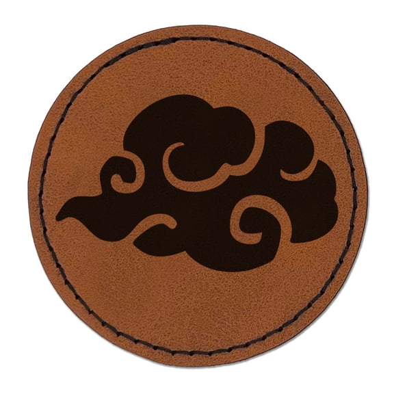 Asian Cloud Swirl Float Weather Sky Round Iron-On Engraved Faux Leather Patch Applique - 2.5 Inch - Brown