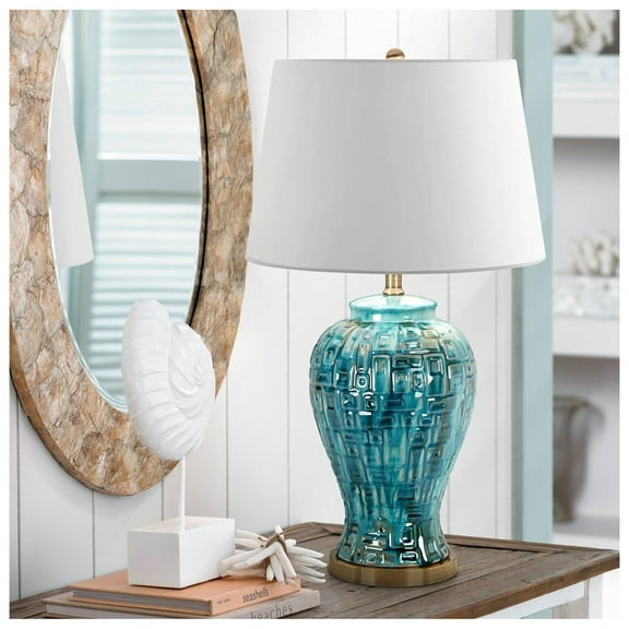 Asian Contemporary Table Lamp 27" Tall Ceramic Teal Glaze Patterned Temple Jar White Empire Shade Decor for Living Room Bedroom House Bedside Home Office (Colors May Vary) -