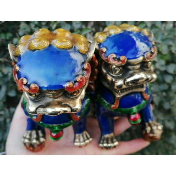 Asian Copper Evil Fu Foo Dog Lion Statue Pair Signed, Old Antiques Chinese Bronze Fu Foo Dog Guardian Lion Statues, Marked FengShui wealth