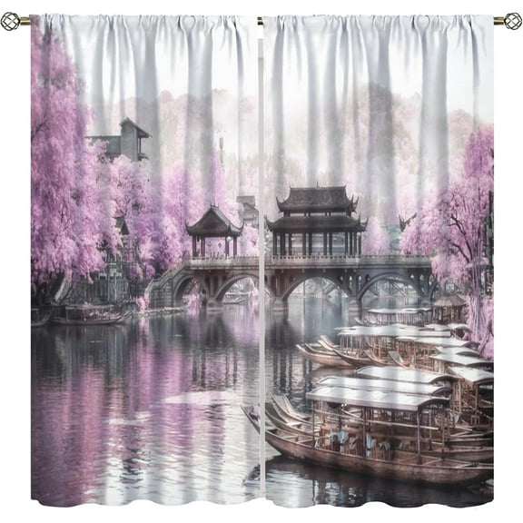 Asian Curtain for Living Room, Red Plum Bossom Branch Mountain Window Treatments for Bedroom Kitchen Door Decor, Oriental Art Traditional Japanese Ink Painting Landscape Drapes 2 Panel Sets84x84 Inch