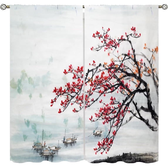 Asian Curtain Red Cherry Blossom Japanese Blossom Branch Oriental Chinese Ancient Ink Landscape Wind Printing Curtain for Kitchen Bedroom Living Room Blackout Curtain 55x63 Inch 2 Panels