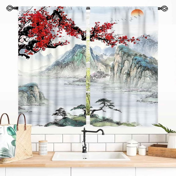 Asian Curtains for Bedroom, Traditional Ink Painting Nature Landscape Mountains Cherry Blossoms Floral Oriental Art Japanese Style Kitchen Living Room Bathroom Window Drapes Curtain Sets, 55x39 Inch