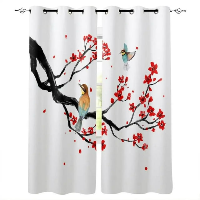 Asian Curtains Chinese Religion Temple Sakura Trees and Mountain Forms ...