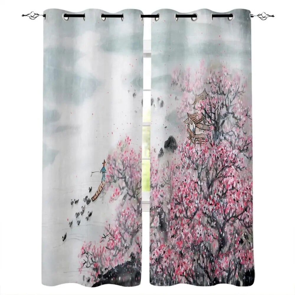 Asian Curtains Chinese Religion Temple Sakura Trees and Mountain Forms ...