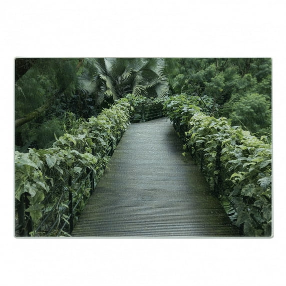 Asian Cutting Board, Scenic Wooden Pathway in Singapore Botanical Garden Rainforest Tropical, Decorative Tempered Glass Cutting and Serving Board, in 3 Sizes, by Ambesonne