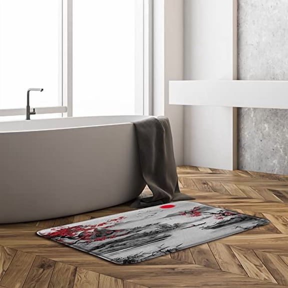 Asian Decor Bath Mat Rugs Red Plum Blossom Branch Japanese Trees Sun and Misty Mountains Art Chinese Traditional Ink Bathroom Indoor Carpet Bathtub Rug Set U-Shaped Toilet Rugs