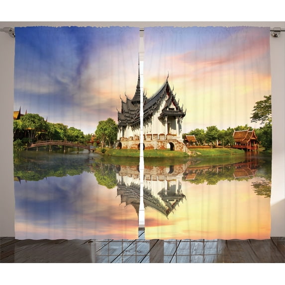 Ambesonne East Curtains 2 Panel Set, Medieval Building House, 108" x 90", Multicolor