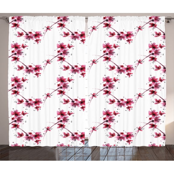 Ambesonne East Curtains 2 Panel Set, Petal Flower Ethnic Art, 108" x 84", Fuchsia White