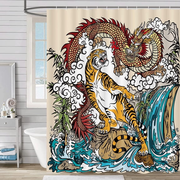 Asian Decor Shower Curtain, Chinese Dragon and Tiger in The Landscape with Waterfall Bathroom Curtain, Polyester Fabric Bath Curtain Sets with 12 Hooks, 72X72in
