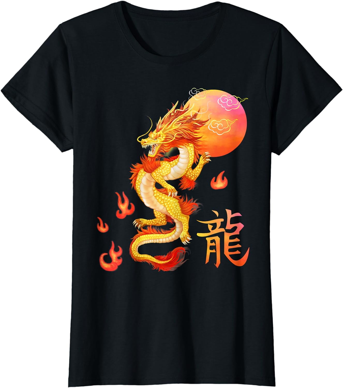 Asian Dragon And Sun, Oriental Chinese Art, Orange Design T-Shirt ...