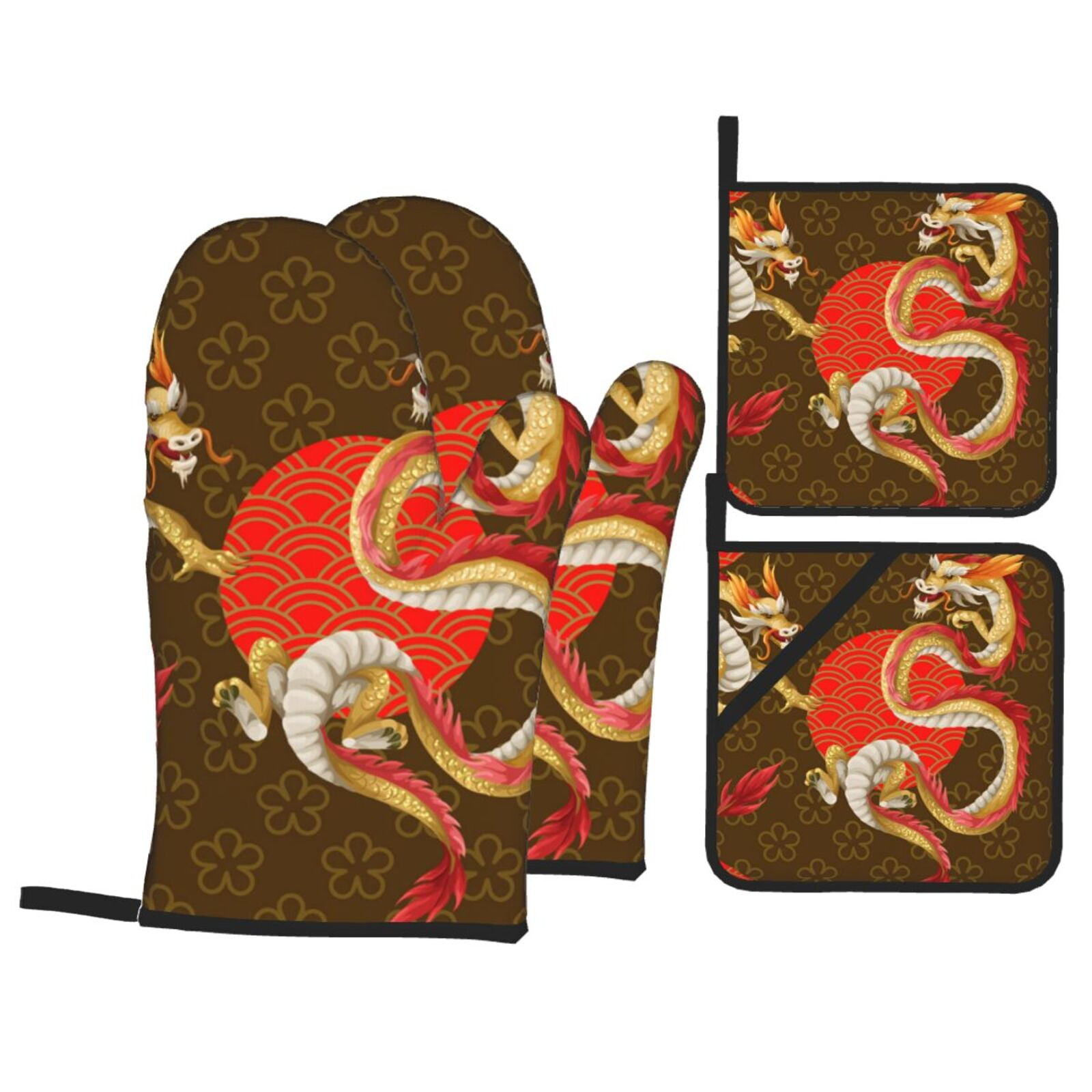 Asian Dragon Oriental Dragons 4Pcs Oven Mitts and Pot Holders Sets Oven Kitchen Gloves Hot Pads for Cooking BBQ Baking Grilling