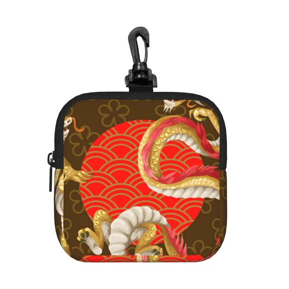Asian Dragon Oriental Dragons Square Gear Pouch with Lobster Clasp Waterproof Tech Accessory Organizer, Key & Coin Case