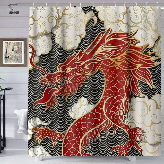 Asian Dragon Shower Curtain, Japanese Dragon Animal Curtain for Bathroom, Cloud Wave Aesthetic Curtain Decor Waterproof Polyester Fabric Shower Curtain Set with 12 Hooks 72x72in YLZSTE113