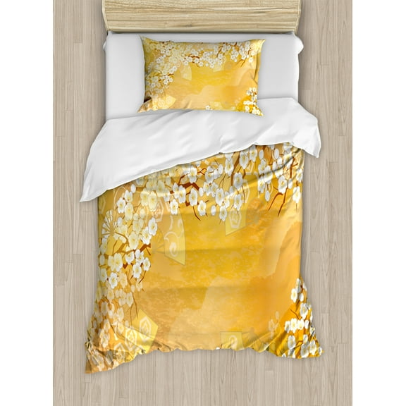 Asian Duvet Cover Set, Japanese Cherry Blossom Sakura Tree Branches Ethnic Spiritual Blooms Artwork, Decorative Bedding Set with Pillow Shams, Marigold Cream, by Ambesonne