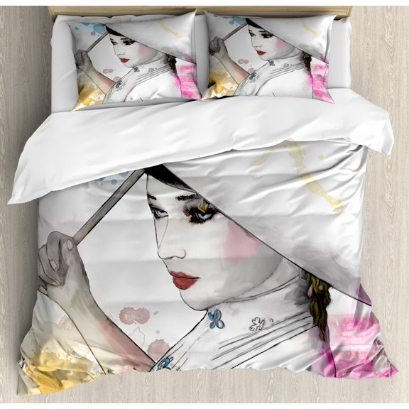 Asian Duvet Cover Set Queen Size, Eastern Woman Girl with Oriental Umbrella Drawing with Watercolor and Brushstrokes, Decorative 3 Piece Bedding Set with 2 Pillow Shams, Multicolor, by Ambesonne