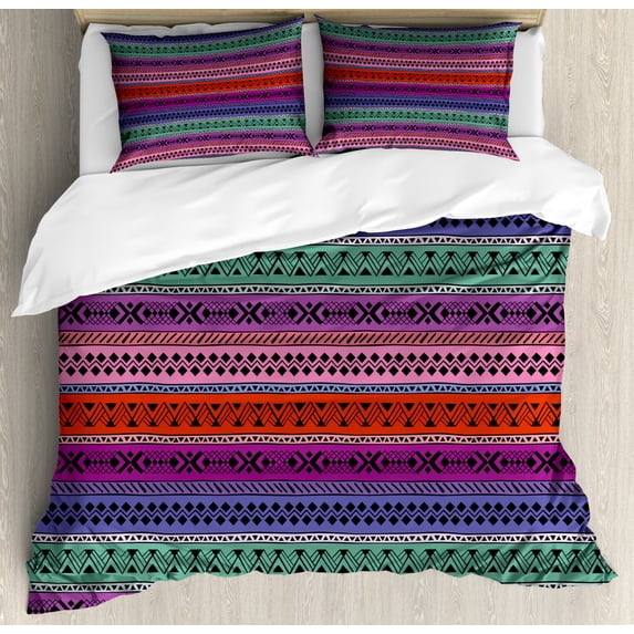 Asian Duvet Cover Set Queen Size, Geometric Abstract Tribal Pattern on Horizontal Colorful Stripes Doodle Style Retro, Decorative 3 Piece Bedding Set with 2 Pillow Shams, Multicolor, by Ambesonne